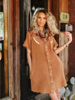 2 Fly Women’s Button-Front Brown Gauze Shirt Dress